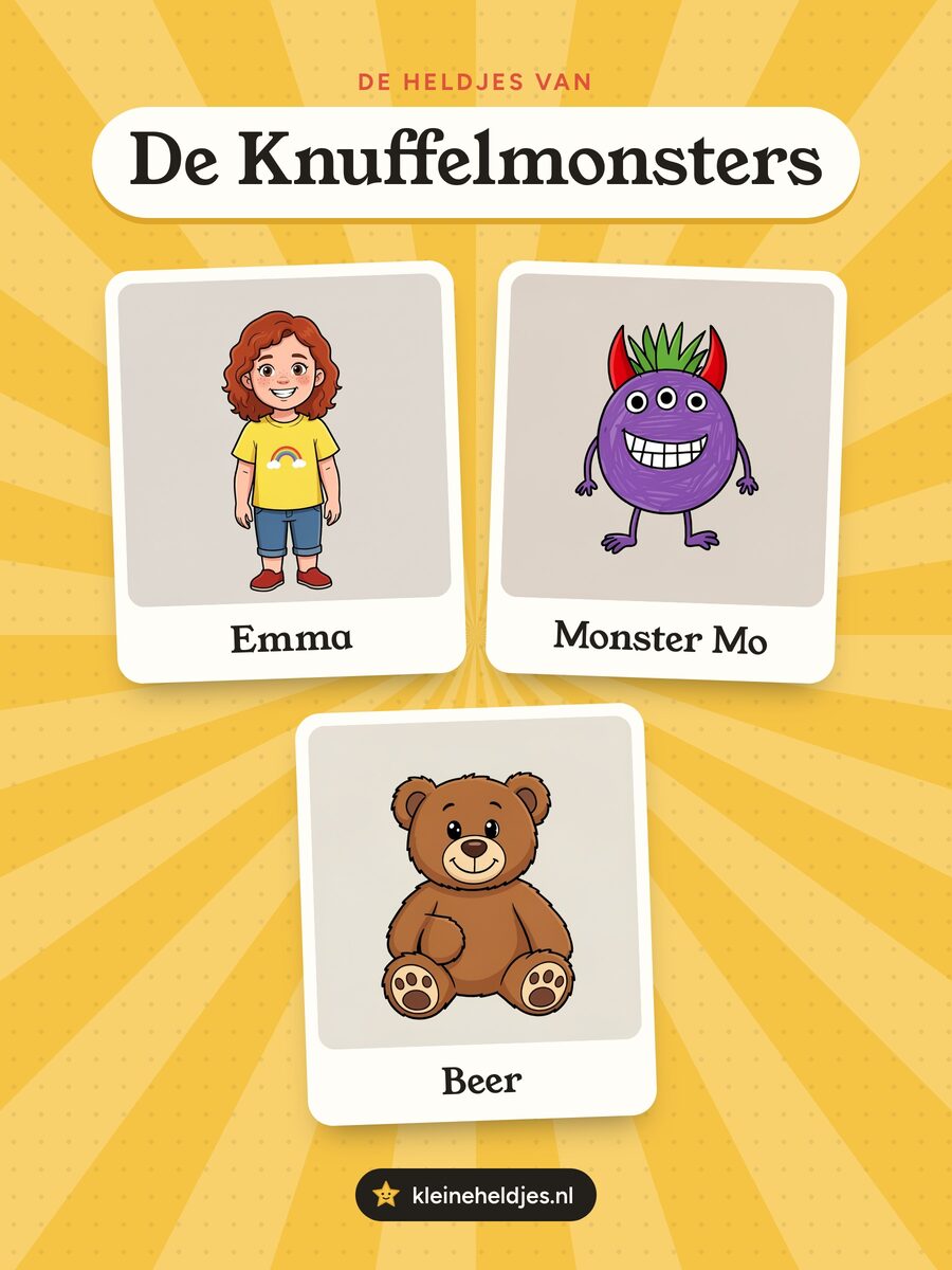 Groepsfoto van De Knuffelmonsters: een meisje, een getekend monster en een teddybeer, getekend als heldjes