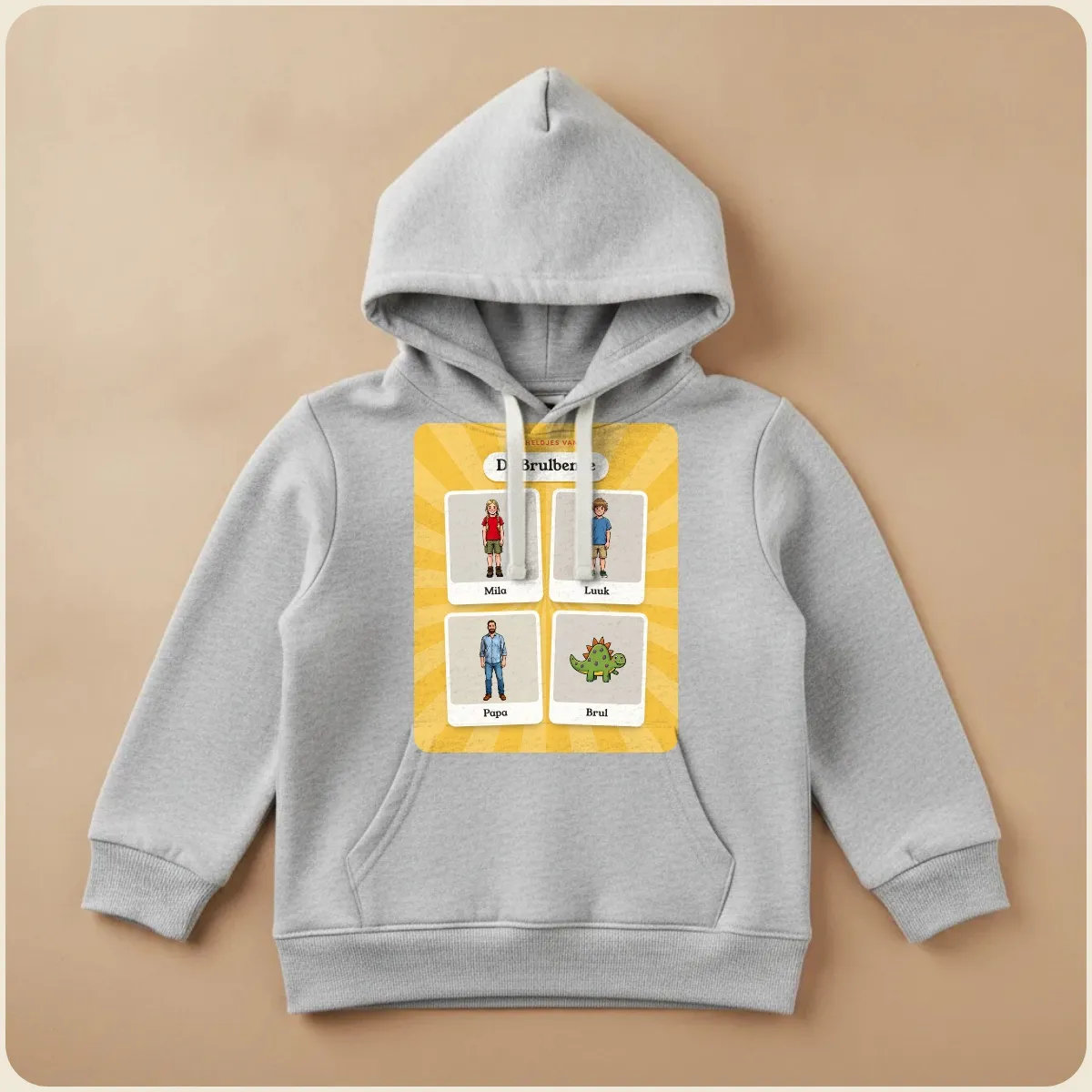 Grijze kinderhoodie met de groepsposter van De Brulbende