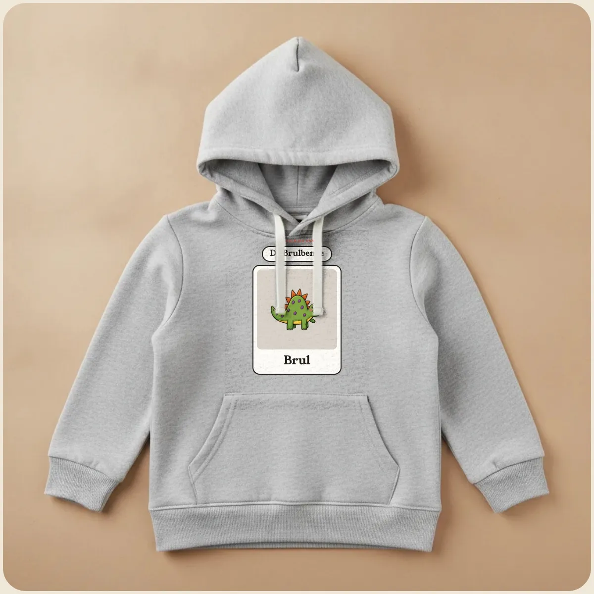 Grijze kinderhoodie met één heldje: dinotekening Brul