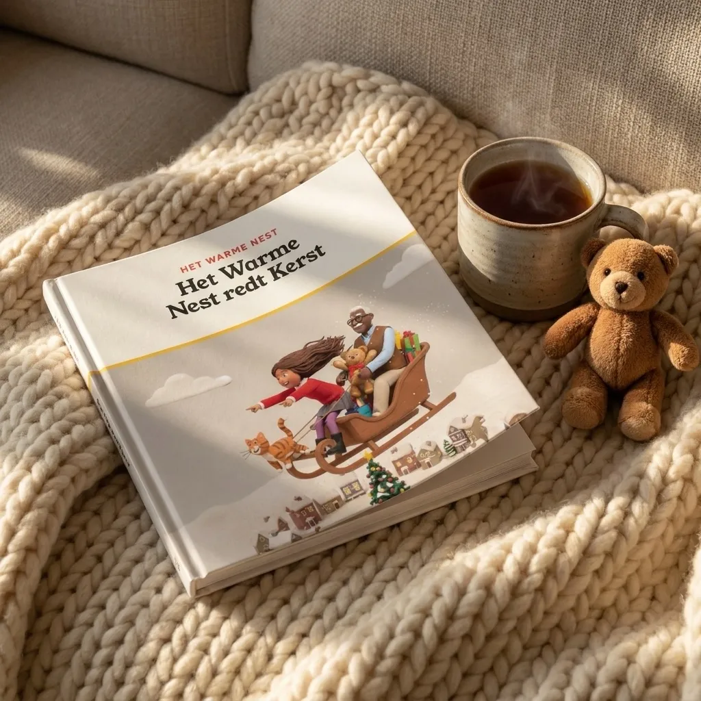 Hardcover van 20 x 20 cm, Het Warme Nest redt Kerst, op een bank met een gebreid kleed
