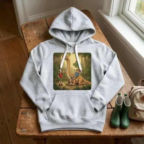 Grijze kinderhoodie met een tekening uit De Brulbende bij de dino's