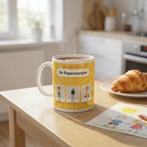 Mok met de groepsposter van De Pepernootjes op de ontbijttafel
