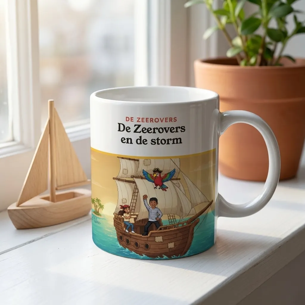 Kinderhanden om een mok met de omslag van De Zeerovers en de storm