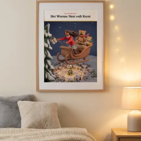 Poster met een tekening uit Het Warme Nest redt Kerst boven een kinderbed