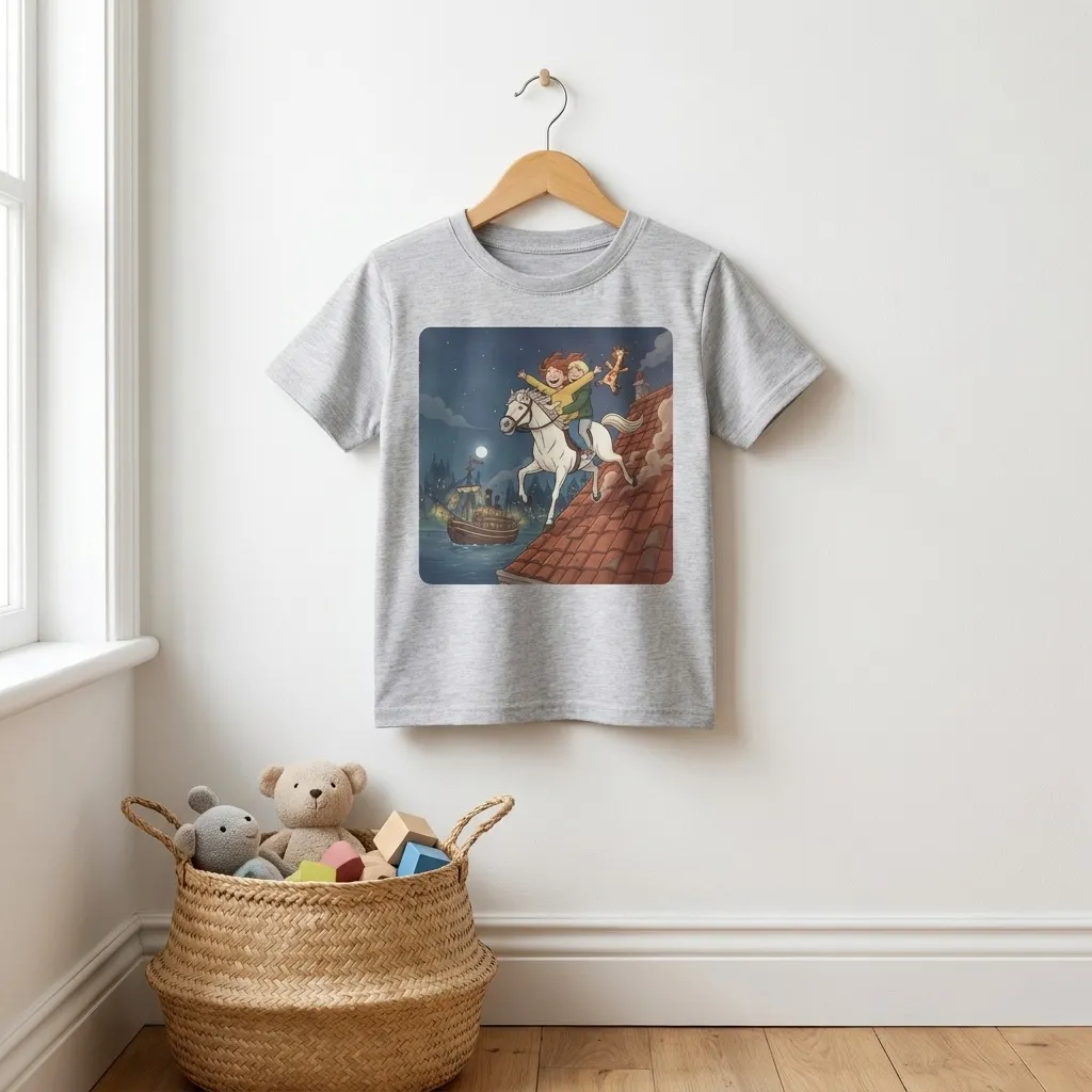 Grijs kindershirt met Noor en Daan op het paard van Sinterklaas, aan een hangertje