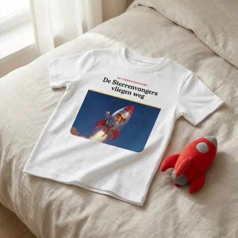 Wit kindershirt met de omslag van De Sterrenvangers vliegen weg