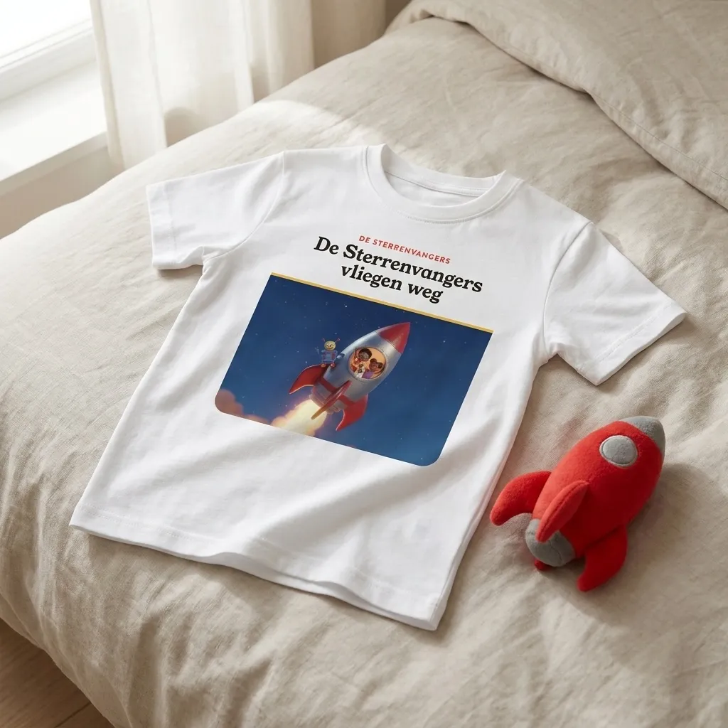 Wit kindershirt met de omslag van De Sterrenvangers vliegen weg